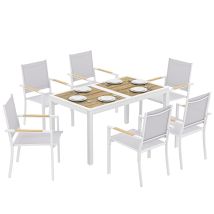 Outsunny Conjunto De Mesa Y Sillas Jardín De 7 Piezas, Con Mesa De Plástico Pspc, 6 Sillas Apilables Transpirables, Marco De Acero, Blanco