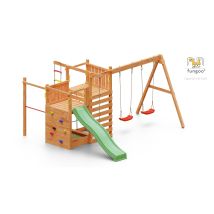 Fungoo Spielturm "climbing Star 3", Teak, Mit Rutsche, Doppelschaukel, Kletterwand, Strickleiter, Kletternetz