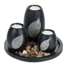 Relaxdays - Tea Light Holder, Set With Tray & Stones, 19.5 Cm Long, For Living & Dining Room, Candle Holder, Black/brown