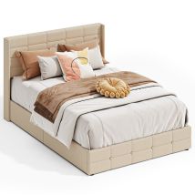 Cama Matrimonio Tapizada 140 X 200 Cm Bealife Con Canapé Hidráulico Cabecero Láminas De Madera Y Estructura De Metal Beige