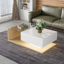 REDOM Couchtisch 105x55x32,5 cm – Hochglanz Weiß & Holz – Ablagefach – Modern & Elegant – 30 kg Belastbarkeit
