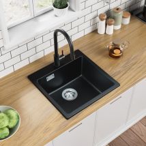 Auralum Max - Fregadero De Granito De 45 X 45 Cm, Fregadero Pequeño De Cocina De Granito, Fregadero De Encastre Con Sifón, Desagüe Y Rebosadero