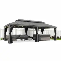 Purple Leaf 7,32 X 3,65 M Tonnelle De Jardin, Pergola Aluminium Extérieure Avec Moustiquaire Et Rideaux, Hardtop Pavillon Double Toit En Acier 
