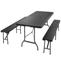 Set Pieghevole Party Due Panche Un Tavolo Marrone Effetto Rattan Per Giardini E Eventi Metallo E Plastica Hdpe Con Chiusura A Valigetta