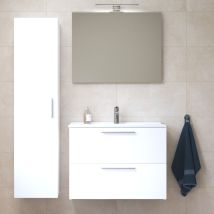 Vitra Mia Set Mueble 79x61x39,5 Cm Con Espejo, Lavabo, Iluminación Led + Armario 145x35x35cm Para Baño, Blanco Alto Brillo