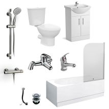 Senore 1700mm Bath, Flat Pack Basin Vainty , Close Coupled Toilet, Shower Slider Raill Kit, Bath And Mono Mixer & Wastes White