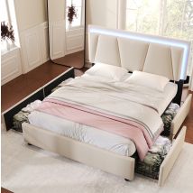 Lit Adulte Double Rangement Led 160x200 En Bois Beige Okmyhome
