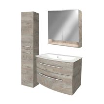 Fackelmann - B.style Badmöbel Set Mit Waschbecken Mit Unterschrank 80 Cm Breit – Spiegelschrank Bad Mit Beleuchtung Und Hochschrank In Holz Braun – 