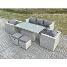 Polyrattan Essgruppe Gartenmöbel Set Höhe Verstellbar Esstisch Set Mit Sofa 2 Sessel 2 Kleiner Fußhocker Helles Grau - Fimous