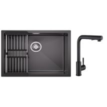 Cecipa Max - Fregadero De Cocina De Acero Inoxidable De 1 Seno De 60 × 44 Cm Con Escurridor + Grifo Mezclador De Cocina Negro Con Rociador Extraíble Y