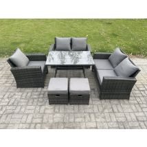 Polyrattan Garten Esstisch Set Gartenmöbel Sofa Mit Rechteckiger Esstisch Loveseat Sofa 2 Kleine Fußhockern Dunkelgrau Gemischt - Fimous