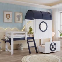 Litera Semialta 90x200 Cm Blanca Y Azul, Con Techo Y Ventana, Cajón Inferior Con Ruedas, Escalera Inclinada Práctica
