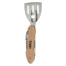 Set per barbecue 5 in 1 multiuso – Acciaio inox con manico in legno – Lunghezza coltello 30,5 cm, forchetta 39 cm, spatola 42,2 cm