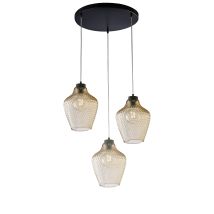 Sospensione In Ferro Laccato Nero Con Cavi Elettrici Regolabili E Diffusori In Vetro Soffiato Ambra Con Decoro In Rilievo 3 Luci