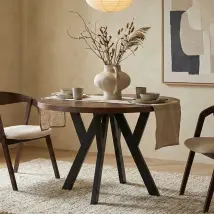 Table De Salle À Manger Ronde Extensible Pero, Style Loft, Scandinave, Diamètre : 90 / 190 Cm, Couleur : Franklin Noyer / Noir