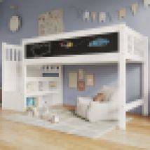 Lit Mezzanine Enfant 90x200 Cm Avec Tableau Blanc Et Tableau Noir, Rangement Et Protection Antichute, Sans Matelas, Blanc