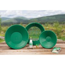 Garrett – Goldwaschpfanne Set 35 cm (14") – 25 cm (10") Backpacker-Pfanne – Klassifizierer-Sieb, Gold Guzzler-Flasche, Pinzette, Buch