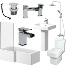 Affine – L Shaped Bathroom Suite with Close Coupled Toilet, Full Pedestal Basin, and Shower Bath – 1700mm Length, 850mm Width