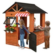 Joyz Kinderspielhaus Aus Tannenholz Massiv, Spielhaus Mit Spiel- Und Matschküche, Kinderhaus Outdoor Mit Tür, 4 Fenstern & 2 Blumentöpfe, Gartenhaus 