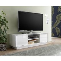 Meuble Tv À Roulettes Moderne Blanc Laqué Pour Salon, 138cm, 2 Portes, Modèle Dener Ice.