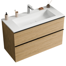 Bernstein - Mueble Lavabo Suspendido Mdf Roble Miel, Lavabo Fundición Blanco Mate + Orificio Grifería, Tirador Cromado 80x46x62cm - Lavoa Cromo, Roble