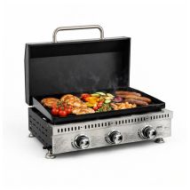 Barbecue Plancha A Gas Con Coperchio Portatile A 3 Bruciatori Da 9 Kw In Acciaio Inox, Griglia Bbq A Gas Propano Da Tavolo Con Vaschetta Raccogli 