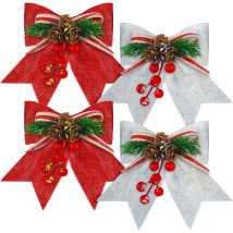 4 Stück Dekorative Weihnachtsschleifen Rote Pailletten Weihnachtsbaumbögen Weihnachtsbaum Topper Bögen Weihnachtskranz Girlandenbögen (rot, Silber, 7 