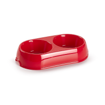 Comedero plástico doble redondo para mascotas – 10 cm diámetro – 5 cm altura – 24 cm base – Color rojo – PVC