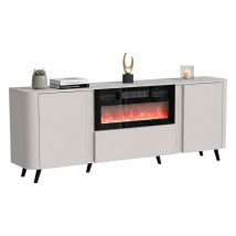 Credenza Briano, Madia Da Salotto Con Due Ante Battenti, Anta A Ribalta E Camino Elettrico, Rialzata Da Terra, 191x40 H69 Cm, Beige