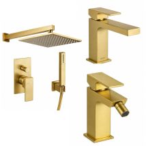 Set Of Washbasin Mixers, Bidet And Shower Kit In Brushed Gold Color Gattoni Square Kitsquaresg4