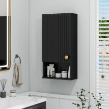 Puluomis – Armoire Murale De Salle De Bain Noire 66x33x17cm – Panneaux Imperméables – Installation Murale Sécurisée – Étagères Réglables Et Ouvertes