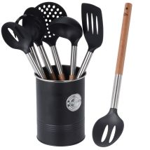 Küchenhelfer-Set 7-teilig aus Edelstahl mit Metallhalter – hochtemperaturbeständig – resistent gegen Fettaufnahme und Flecken