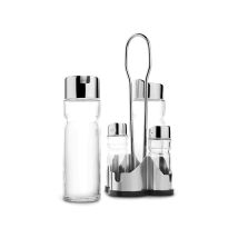 Set Condimento 4 Pezzi in Acciaio Inox e Vetro – Ideale per Sale, Pepe, Olio e Aceto – Facile da Riempire e Pulire