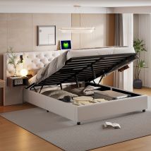 Lit Coffre 140x200 Cm,tête De Lit Coffre Décor Losanges Avec Liseuse Et Charge Usb, Lit Double Avec 2 Tables De Cheve, Sommier À Lattes, Lit Capitonné