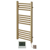 Greenedhouse - York Flat Brushed Brass Electric Towel Rail 400mm Wide X 800mm High + 7 Day Timer/thermostat