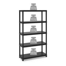 Étagère En Résine 5 Tablettes 180x100x40cm Noire – Charge 100kg Par Tablette – Résistante Aux Intempéries Et Moisissures – Fixation Murale Possible – 
