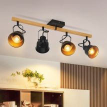 Gbly Deckenstrahler 4 Flammig Schwarz: Deckenlampe Vintage Schwenkbar 350° Max.25w E14 Fassung Industrial Holzmaserung Spotbalken Für Wohnzimmer 