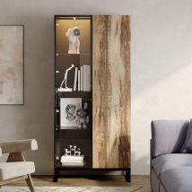 Glasvitrine Vitrine Mit Rundstrahler, Schwarz & Holzoptik, Mdf+glas, 80×41×175 Cm