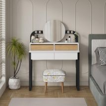 Toeletta Trucco Con 4 Cassetti Luci A Led E Specchio Rotondo Colore Bianco E Rovere Lora