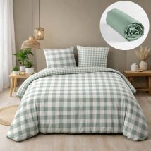 Pack Housse De Couette 240 X 220 Cm + Drap Housse 140x190 + 2 Taies Coton Victoire Vichy Sauge