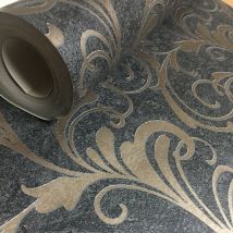 Rasch Scroll Charcoal Black Metallic Bronze Glitter Textured Wallpaper 301861