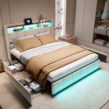 Bett 140 X 200 Cm Mit 4 Schubladen, Bett 140 X 200 Mit Lattenrost, Bettgestell, Mit Usb-anschluss Und Led, Mit Kopfteil, Beige, Leinen