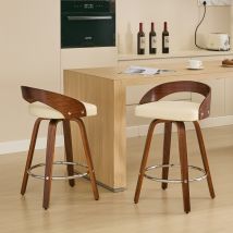 Lot De 2 Tabourets De Bar Bois Pivotants, Dossier Bas, Assise Souple, H.63 Cm, Beige