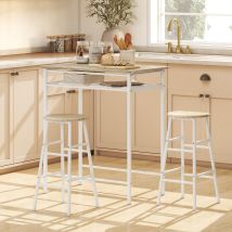Ensemble Table De Bar + Tabourets, Table À Manger Debout 2 Chaises, Étagère Et Pieds En Métal, 80x50x90cm, Blanc