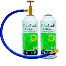 Pack Ahorro (2x226gr) Botellas Gas Refrigerante Ecológico Gasica D2 Sustituto De R12, R134a Más Manguera Con Llave Recarga Gas