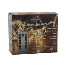 Hit - Außen Draht Lichterkette Warm Weiß - 60 Led / 600 Cm - Leuchtdraht Mit Timer Und Dimmer Funktion Fernbedienung Batterie Betrieben