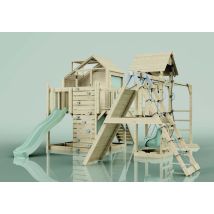POLARPLAY Kinderspielturm "Bo" aus Holz – Spielplatz mit Rutsche, Schaukel, Kletterwand – für Kinder ab 3 Jahren – Mintgrün