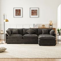 Design Moderno, Divano Angolare A L, Tessuto Di Ciniglia, Divano A Tre Posti, Poggiapiedi- Grigio