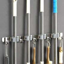 Rtgpt Wandmontierter Besenhalter Aus Edelstahl Mit 4 Schlitzen Und 5 Haken, Ideal Für Küche, Bad, Garage Und Garten, Farbe: Grau.