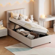 Cama Infantil Acolchonada 90x200 Cm, Beige, Hidráulica, Lino, Con Baúl Alto.
